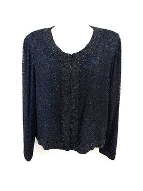 Vintage Stenay Women's Beaded Silk Jacket Size XL Black Luxury Country Club